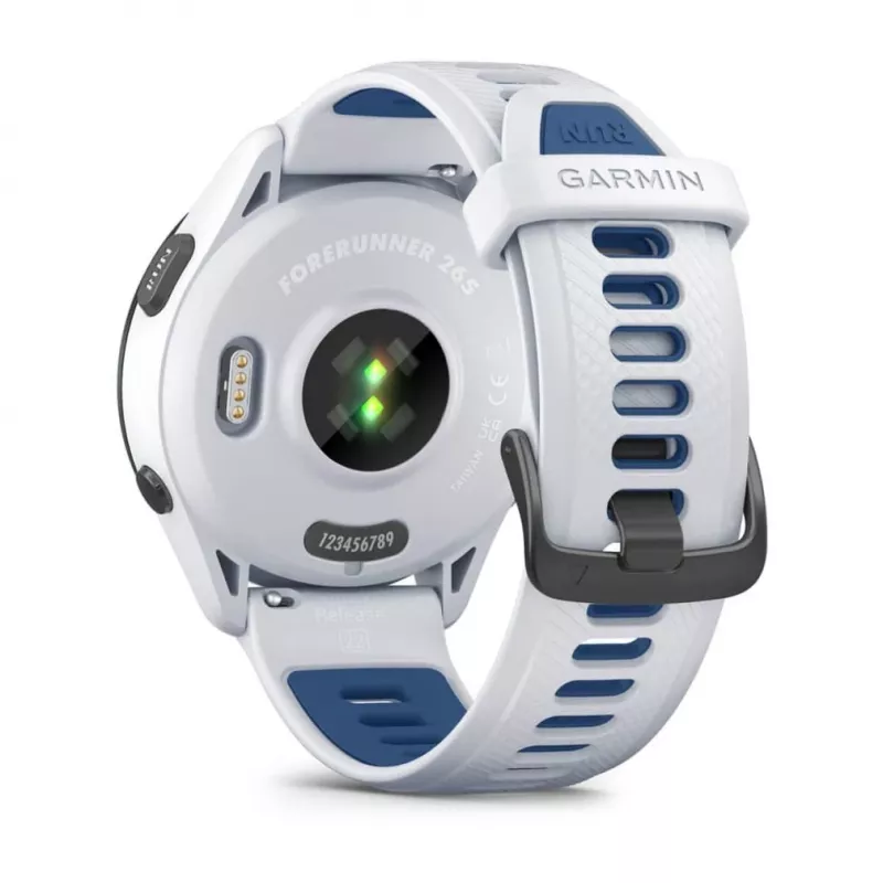 GARMIN Forerunner 265 viedpulkstenis — 46 mm GFRP korpuss, AMOLED 1,3 collas, GPS/GLONASS/Galileo, 15 dienu akumulators, 5 ATM, silikona siksniņa