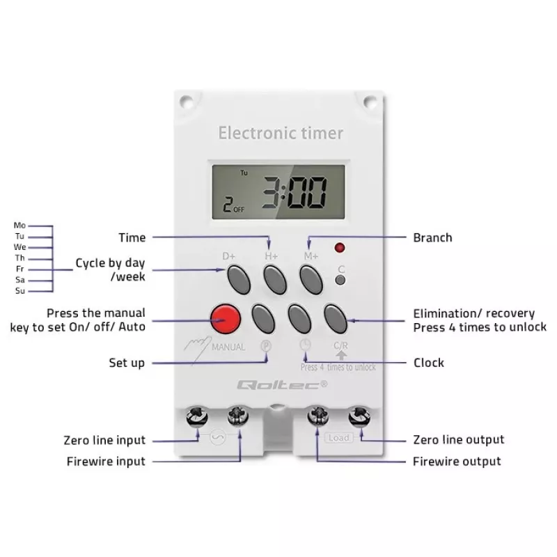 DIN-sliedes elektroniskais taimeris QOLTEC PC0629 — 24V barošana, 16A izeja
