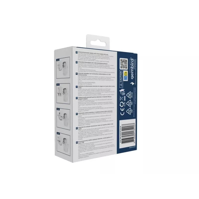 Sienas ceļojumu adapteris GEMBIRD TPA-1A2C20-02-W 20W — 1×USB-A + 2×USB-C, Type G spraudnis, 100–250V, balts