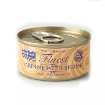 Mitrā kaķu barība FISH4DOGS Sardīne ar garnelēm 70 g — pilnvērtīga konservēta barība pieaugušiem kaķiem, zivju garša