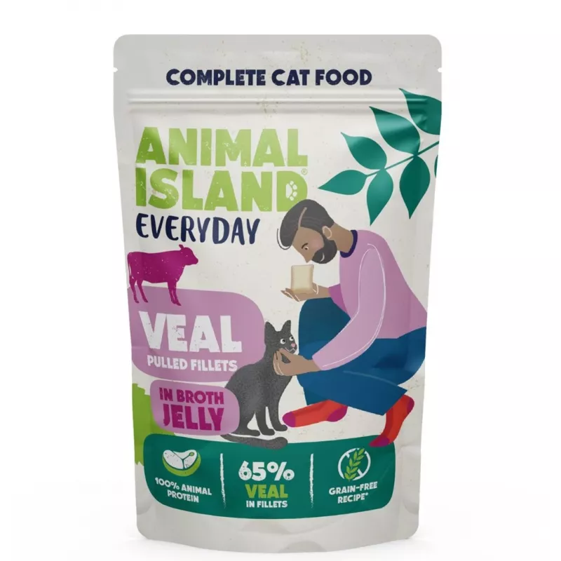 Slapjā kaķu barība animal island Everyday — Teļa gaļa un mājputnu gaļa ar aknām, 4 x 85 g paciņas, 9,5% olbaltumvielu, 83% mitruma