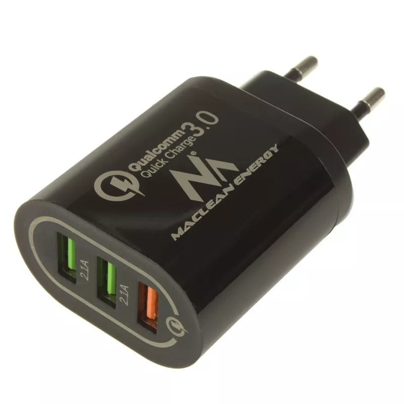 USB sienas lādētājs MACLEAN MCE479B — 3x USB pieslēgvietas, 18W kopējā izejas jauda, kompakts