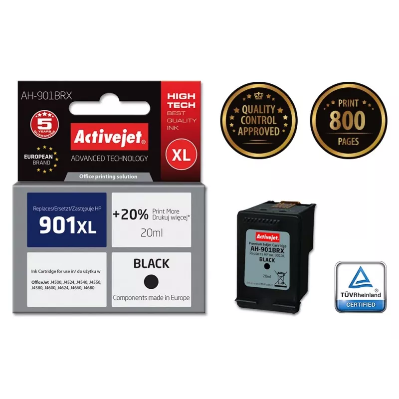 Activejet AH-901BRX Tinte (aizvietotājs HP 901XL CC654AE; Premium; 20 ml; melna)