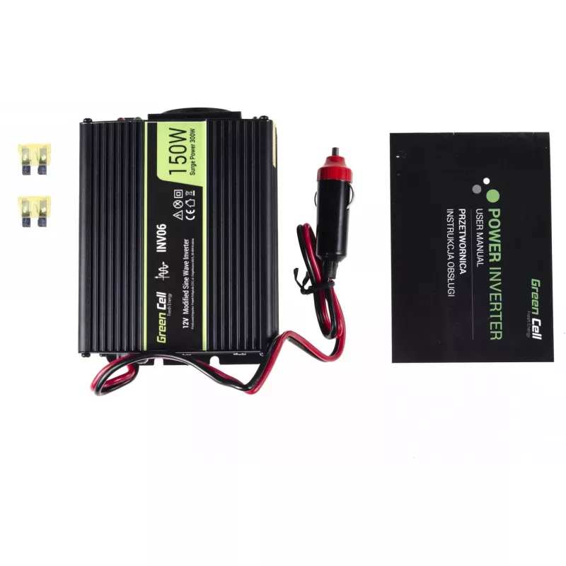 Invertera strāvas adapteris zaļa Cell INV06 12 V līdz 230 V 150 W 50 Hz C tipa spraudnis, 85% efektivitāte, melns