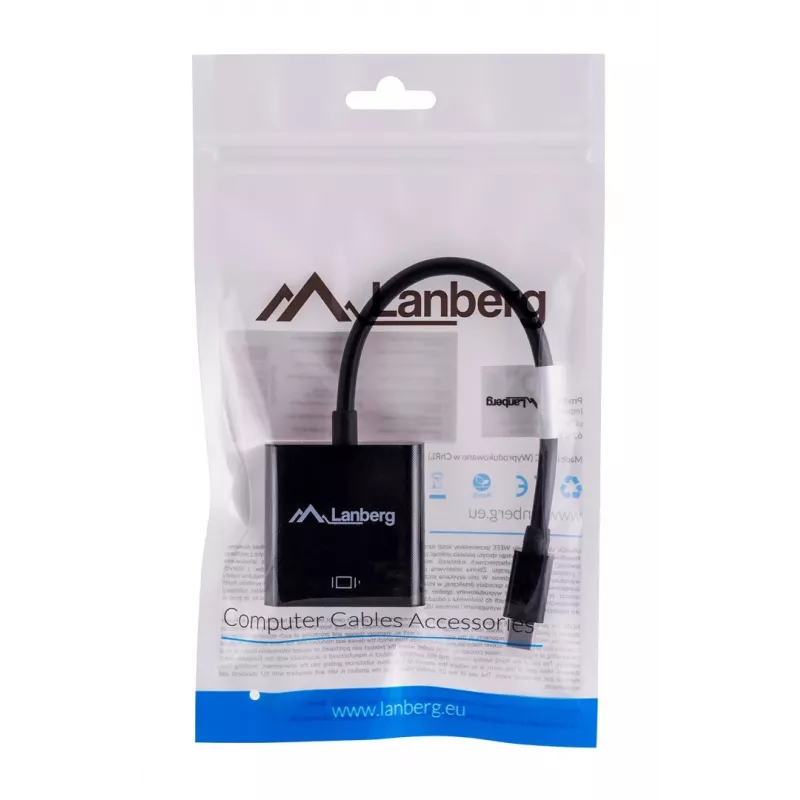 VGA (D-Sub) uz Mini DisplayPort adaptera kabelis LANBERG AD-0006-BK, 0,2 m, DisplayPort 1.2, 1920×1200@60Hz, sieviešu MiniDP, melns