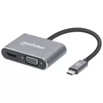 Manhattan USB-C dokstacija/sadalītājs, pieslēgvietas (x4): HDMI, USB-A, USB-C un VGA, ar strāvas padevi (PD) 87W - nepieciešams ārējs USB-C lādētājs (nav iekļauts). Darbināms ar USB (nav nepieciešams ārējs barošanas avots), kad PD netiek izmantots, alumīnija korpuss