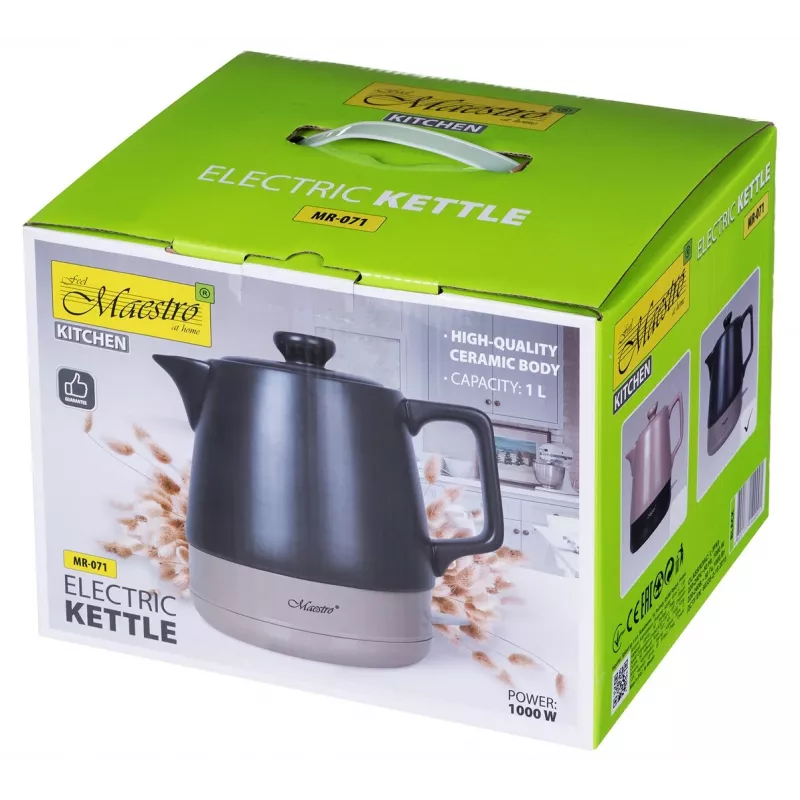 Elektriskā tējkanna Maestro MR-071-Melns 1 L keramikas, 1200 W, slēpts sildelements, 360° pamatne