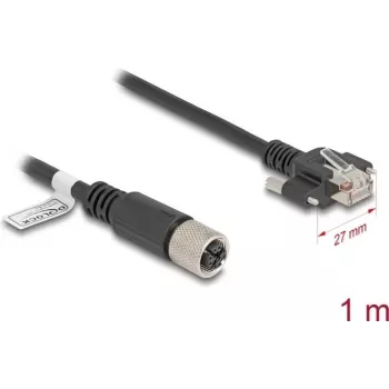 DeLOCK M12 kabelis, X-kodēts, 8 kontaktu ligzda – RJ45 spraudnis, Cat.6A, 1 m, melns