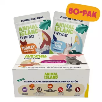 ANIMAL ISLAND tītara/baltās zivs buljonā kaķu barība 80x85g