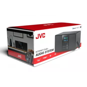 Interneta radio JVC RA-E981B — straumēšana, izmantojot Wi‑Fi un Bluetooth, DAB+, FM, 2x5W, 40 atmiņas vietas, USB, AUX, LCD displejs