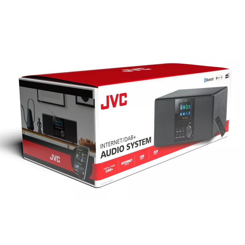 Interneta radio JVC RA-E981B — straumēšana, izmantojot Wi‑Fi un Bluetooth, DAB+, FM, 2x5W, 40 atmiņas vietas, USB, AUX, LCD displejs