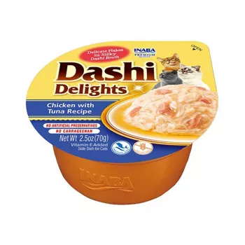 Kaķu kārums INABA Dashi Delights vistas un tunča buljona garšā, 70 g paplātē, bez graudiem, bez lipekļa, bez sojas