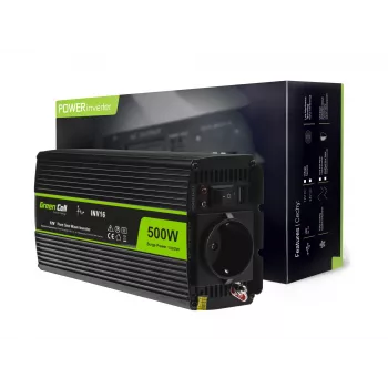 Automašīnas sprieguma pārveidotājs zaļa Cell INV16 500 W, DC 12 V uz AC 230 V, 50 Hz, USB ports, aktīvā dzesēšana, melns