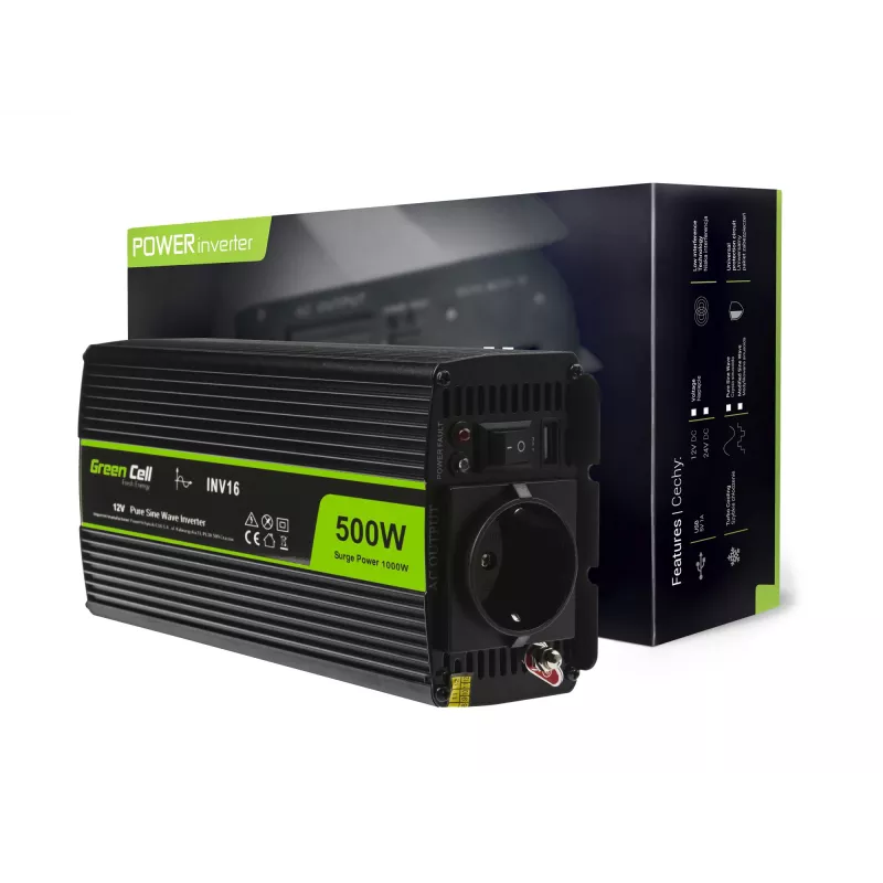 Automašīnas sprieguma pārveidotājs zaļa Cell INV16 500 W, DC 12 V uz AC 230 V, 50 Hz, USB ports, aktīvā dzesēšana, melns
