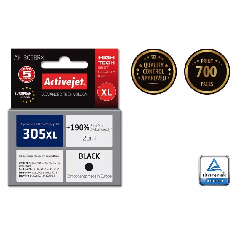 Activejet AH-305BRX tinte (aizstāj HP 305 XL 3YM62AE; Premium; 20 ml; melna)