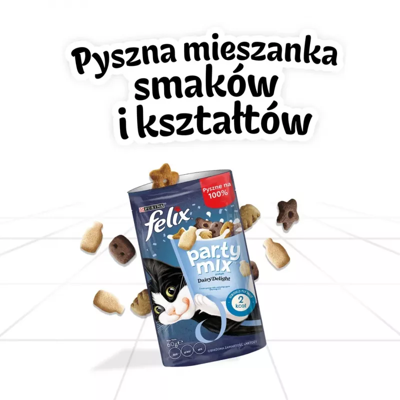 Kaķu kārums Felix Party Mix Dairy Delight 60 g — kraukšķīgi, piena garšas našķi pieaugušiem kaķiem, olbaltumvielas 35% tauki 19,5%