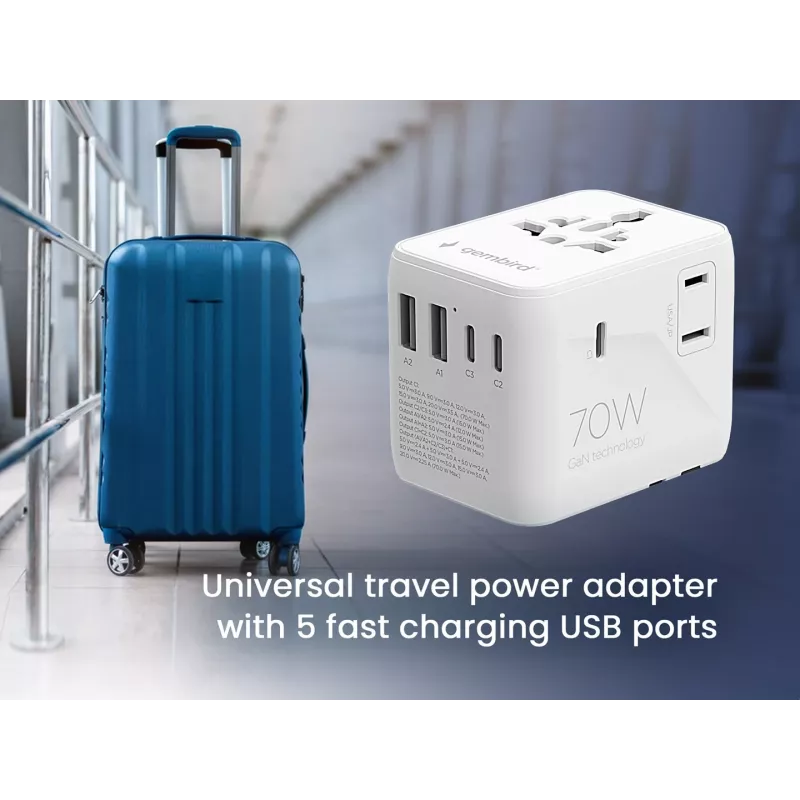 Ceļojumu adapteris GEMBIRD TPA-2A3C70-01-W — I tipa spraudnis, 3× USB-C (70W), 2× USB-A (18W), 100–250V, balts