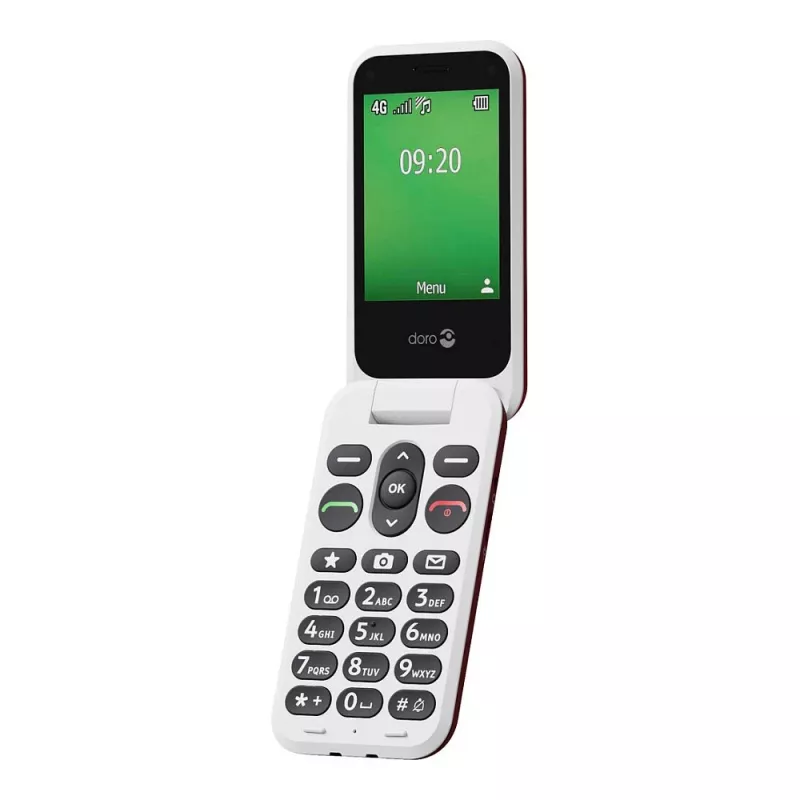 Feature phone Doro Leva E22 atvāžamais, 2,8 collu (7,11 cm) displejs, Viena SIM karte, 0,3 MP kamera, 1150 mAh, 127,8 g, Sarkans/Balts