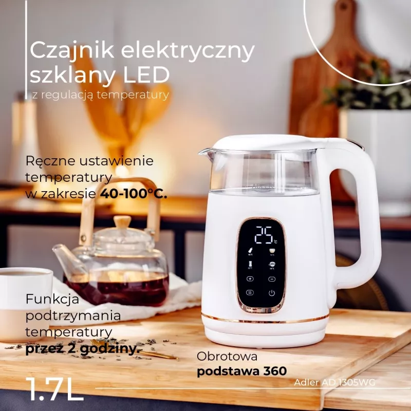 Elektriskā tējkanna Adler AD 1305WG — 1,7 l, 2200 W, stikls/plastmasa, balts/zelta/caurspīdīgs