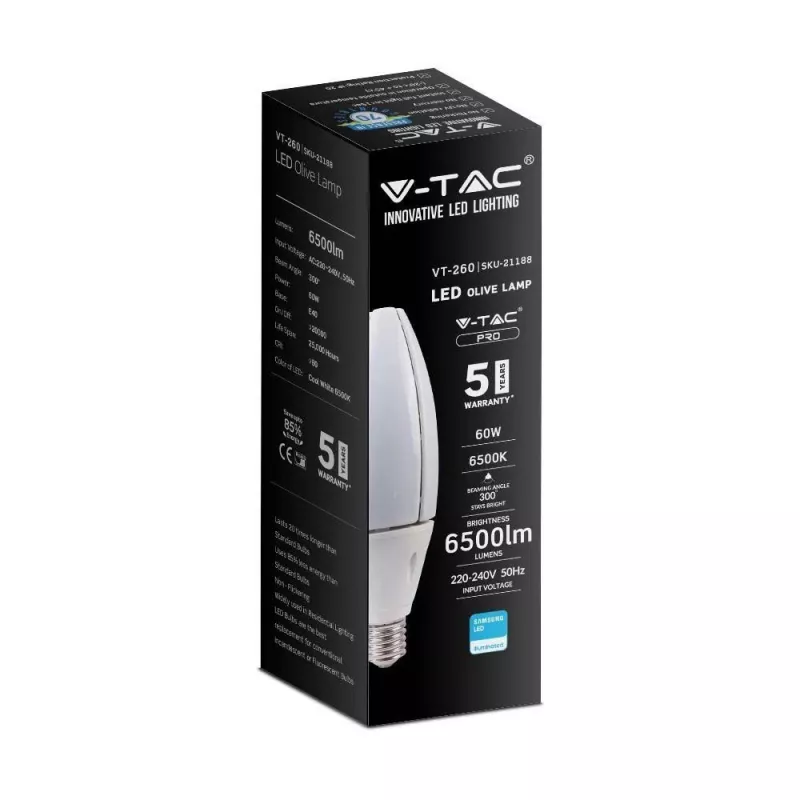LED spuldze V-TAC VT-260 SAMSUNG CHIP 60W E40 4000K 6500lm (SKU 21187) Balta