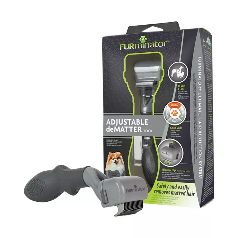 Atkažošanas rīks FURminator Adjustable — kaķiem un suņiem, nerūsējošā tērauda asmens, ergonomisks pretslīdes rokturis, 185 g, visiem apmatojuma tipiem