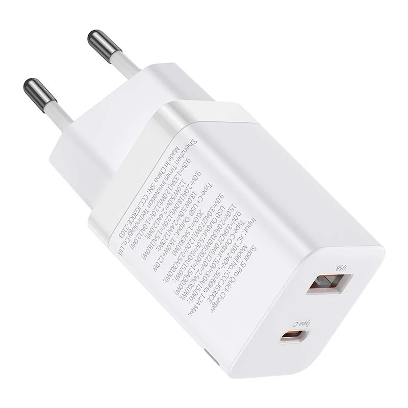 Baseus Super Si Pro Quick Charger USB + USB-C 30W (balts)