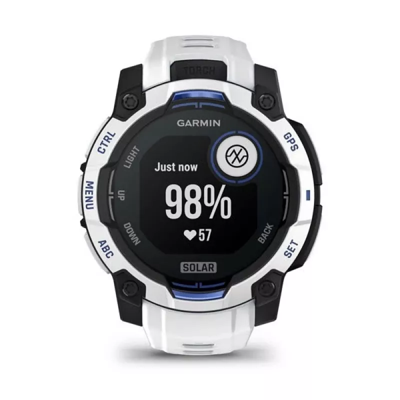 Viedpulkstenis GARMIN Instinct 2 45 mm, MIP 0,9 collas (176×176), GPS, saules enerģija, silikona siksniņa zila/balta