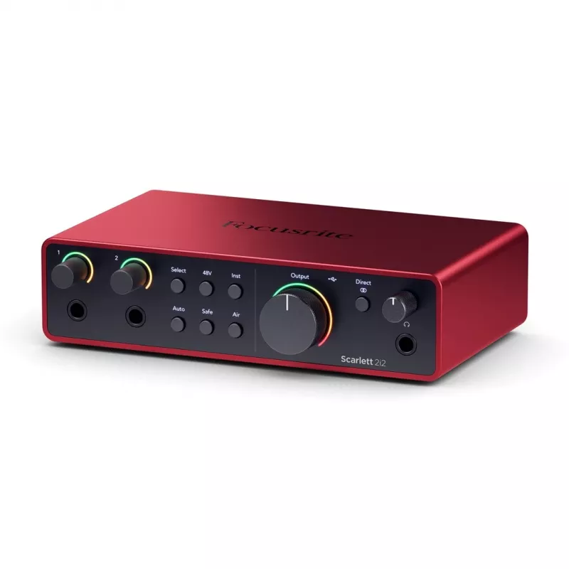 Audio interfeiss Focusrite Scarlett 2i2 4. paaudze — 2-ieeju/2-izeju USB-C, 24 bitu/192 kHz, 69 dB priekšpastiprinātāji, galda, melns/sarkans