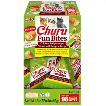 INABA Churu Fun Bites mitrie kaķu našķi ar vistas un ķirbja garšu, 8 x 12 g pastas, olbaltumvielas 27,3%, mitrums 56%