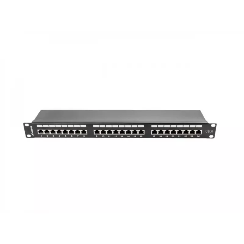 Patch panel 1U LANBERG PPS6-1024-B, 24-portu Cat6, metāla, melns, 442×114.5×44.5 mm
