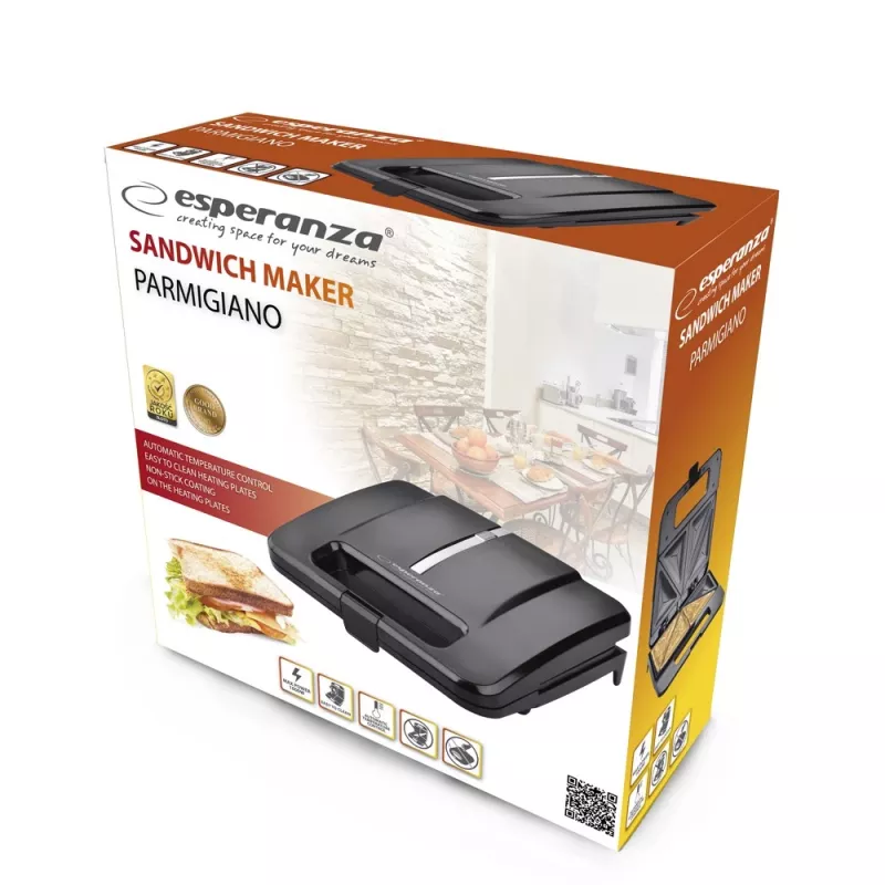 Sendviču pagatavotājs ESPERANZA PARMIGIANO 1000 W — 4 sendviči, melns, nepiedegošas plates