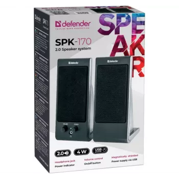 Galda / plaukta skaļruņi DEFENDER SPK-170 2.0, 4 W RMS, vadu USB 5 V, 3,5 mm, melni
