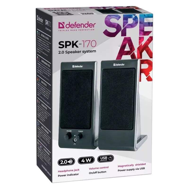Galda / plaukta skaļruņi DEFENDER SPK-170 2.0, 4 W RMS, vadu USB 5 V, 3,5 mm, melni