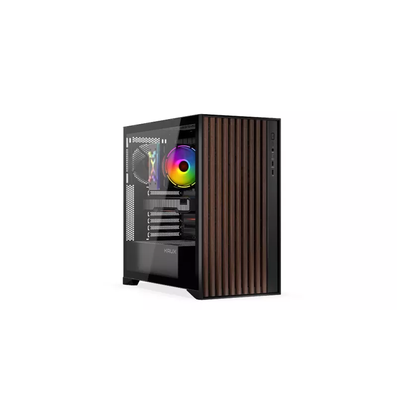Datora korpuss KRUX Palum KRXD008 ATX melns — 2x3,5 collu nodalījumi, 2x2,5 collu nodalījumi, 2x120 mm ventilatori, GPU līdz 39,5 cm