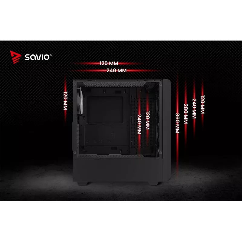 PC kuba korpuss SAVIO Noctis Glass RGB — Melns, ATX/Micro-ATX, 210×410×450 mm, 3×120 mm priekšējie ventilatori