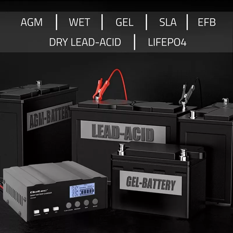 Bateriju lādētājs QOLTEC 52491 mikroprocesora 12V/12.6V/24V ar LCD