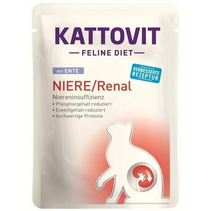 Mitrā kaķu barība KATTOVIT Niere/Renal 85 g paciņa — 12 x 85 g, mājputnu gaļa (liellopu gaļa, vista, pīle, tītars) pieaugušiem kaķiem ar nieru mazspēju