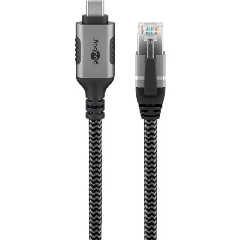 Ethernet-kabelis USB-C 3.2 Gen2 Plug > RJ-45 Plug, LAN-Adapter Melns/Sudraba, 1,5 Meter, braided textile jacket