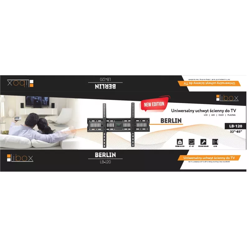 Sienas TV stiprinājums LIBOX LB-120 32–85 collu (81,3 cm–2,16 m), līdz 55 kg, VESA 200x200–600x400, slīpums, tērauds, melns