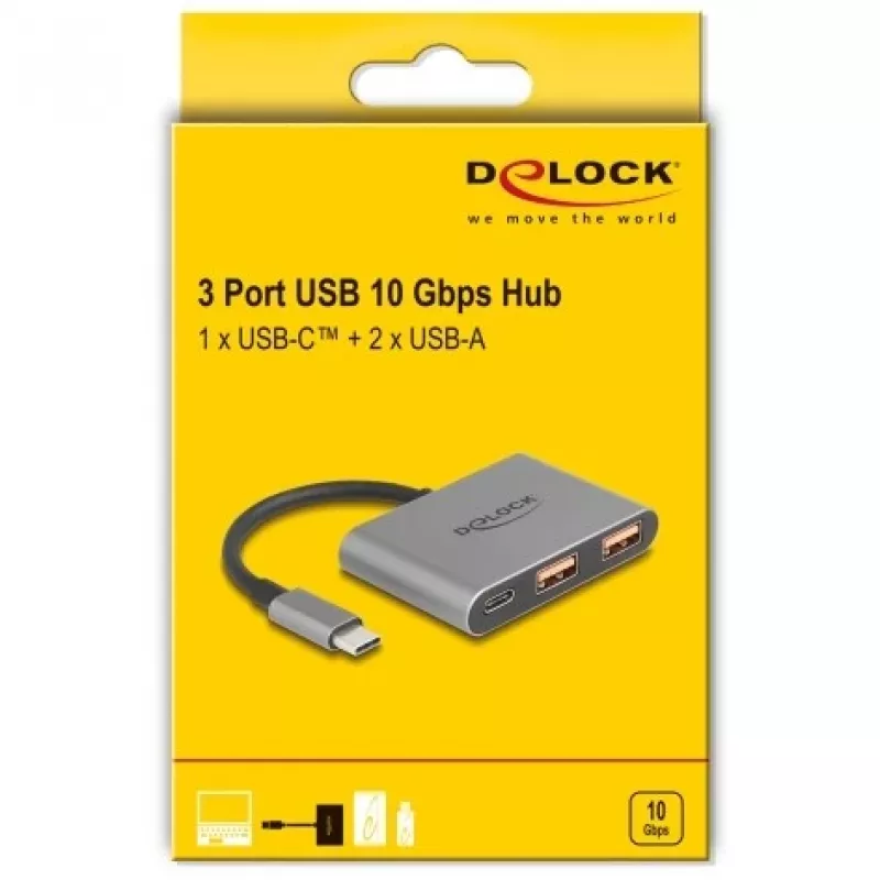 USB centrmezgls DELOCK 64337 — USB 3.2 Gen 2 Type-C saimniekdators, 3 porti (Type-C + 2× Type-A), 10 Gbit/s, pelēks, metāla korpuss