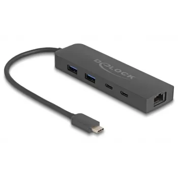 USB centrmezgls DeLOCK 10 Gbps ar 2,5 gigabitu LAN un PD 85 vati
