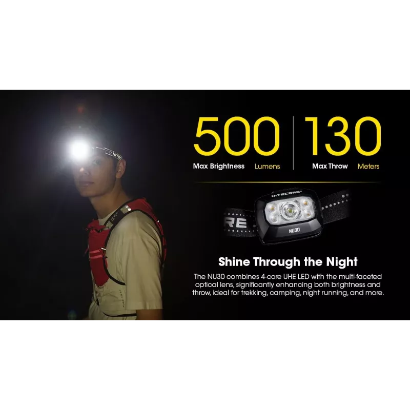Galvas lukturis Nitecore NU30 — kompakts valkājams LED galvas lukturis, līdz 500 lūmeniem, vairāki izejas līmeņi, sarkanās gaismas režīms