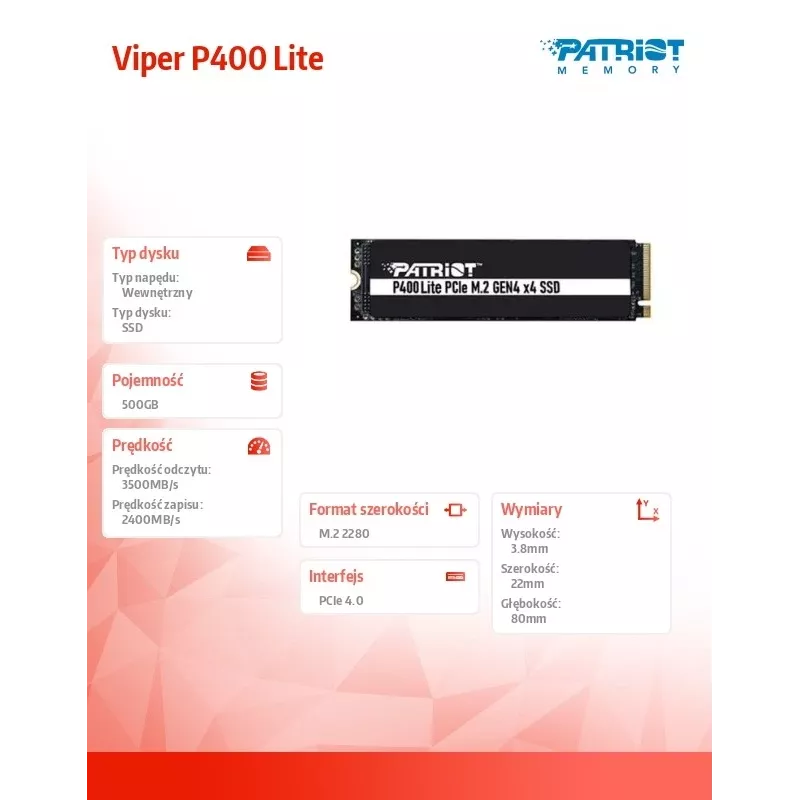 SSD disks Patriot Memory 500 GB M.2 PCI Express 4.0 NVMe P400 Lite