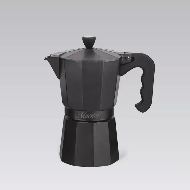 Moka katliņš Maestro MR-1666-6-Melns — manuālā plīts virsmas kafijas automāts, 6 krūzes, 300 ml, melns alumīnijs