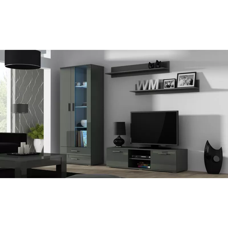 TV statīvs cama meble SOHO 140 — 1400×430×370 mm, pelēka virsma (skaidu plātne), pelēks rāmis
