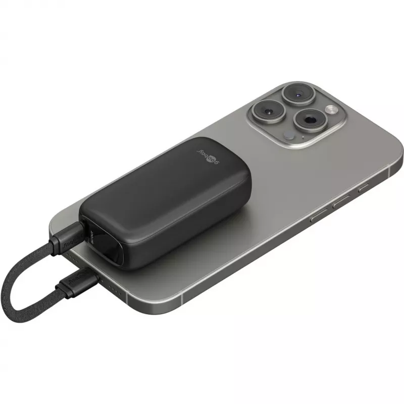 Powerbank 5.000 mAh, integrēts USB-C kabelis 13cm, 20 vati (melns, 5 Ah, 1x USB-A, 1x USB-C, PD, QC)