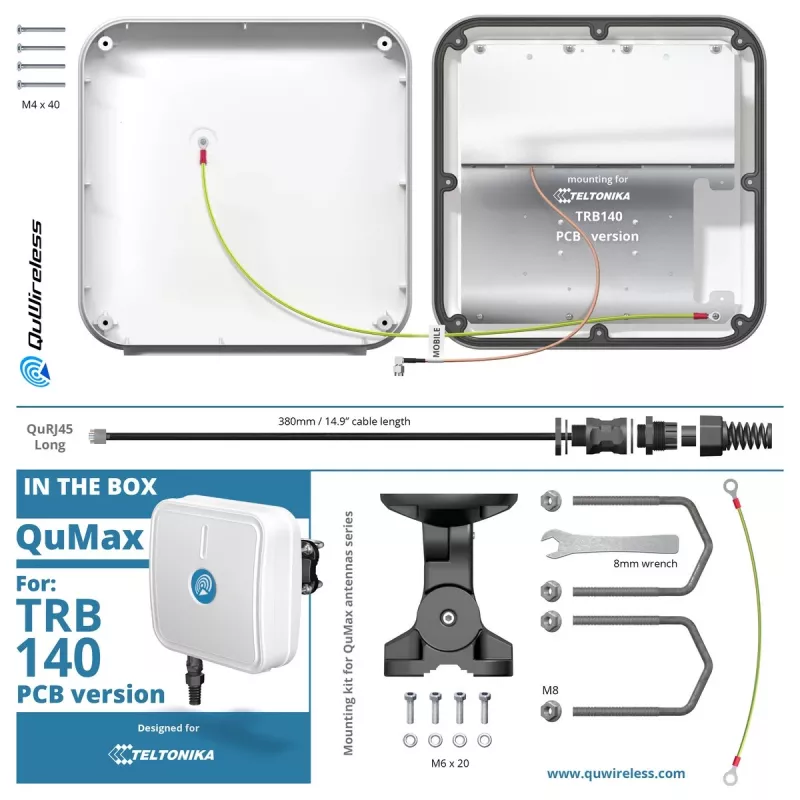 Virziena tīkla antena QuWireless QuMax — virziena PoE/LAN antena 0.694–2.7 GHz, līdz 6 dBi, balta