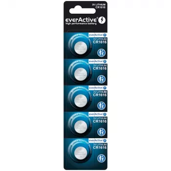 EverActive CR1616 monētelementa baterija 3V, 50 mAh, 16 mm — 5 gab. iepakojums