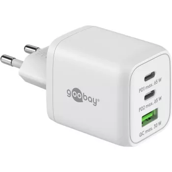 USB-C ātrais lādētājs Nano, PD, GaN, 65 W (balts, 1x USB-A, 2x USB-C PD, Charge 3.0)
