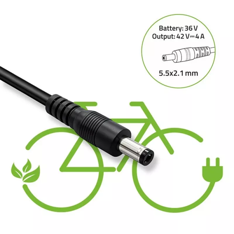 Lādētājs QOLTEC 36V–42V 4A e-velosipēdam, DC spraudnis 5,5×2,1 mm